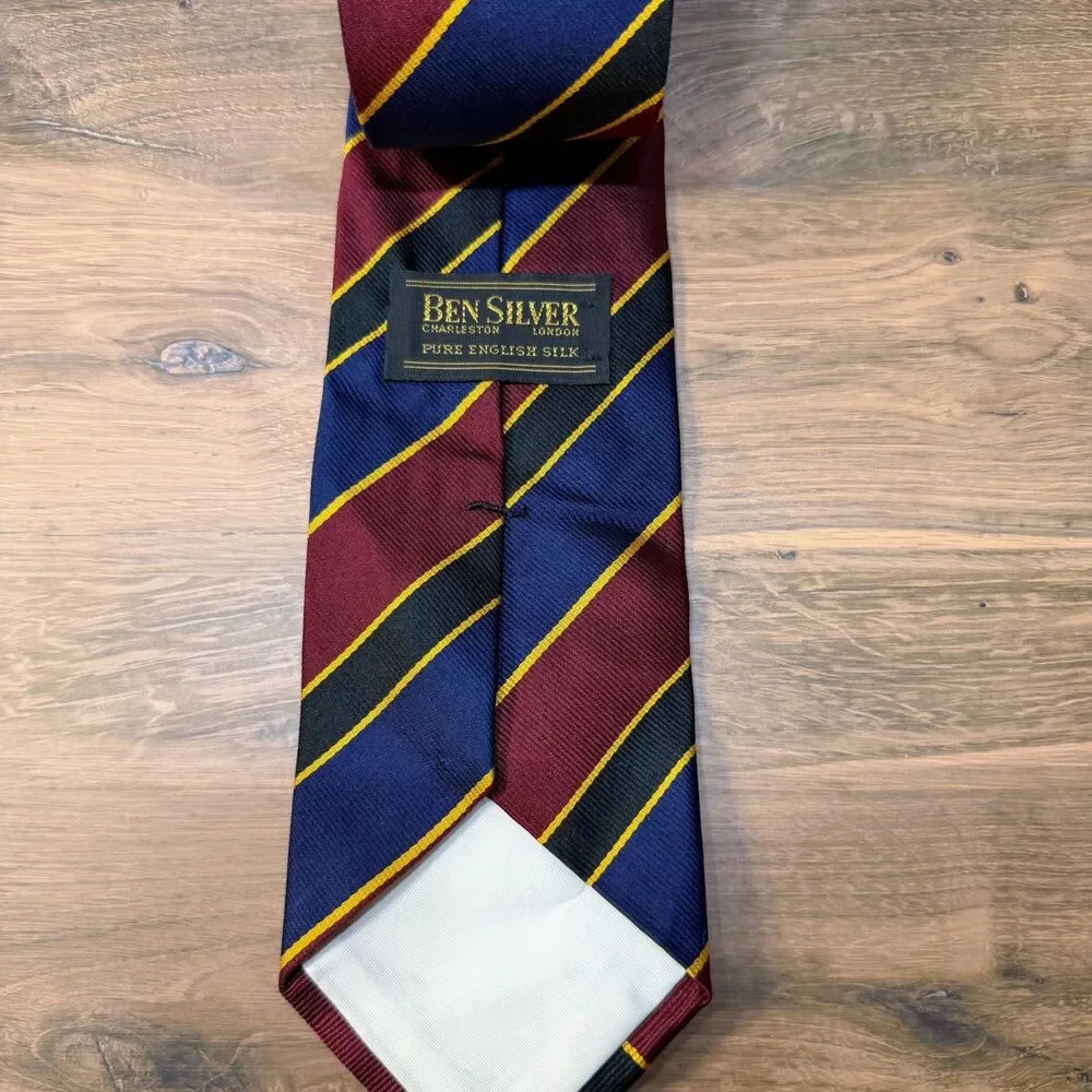 Ben Silver English Silk Repp Tie Regiment Stripe Vtg Handmade 3.25x58 Handmade